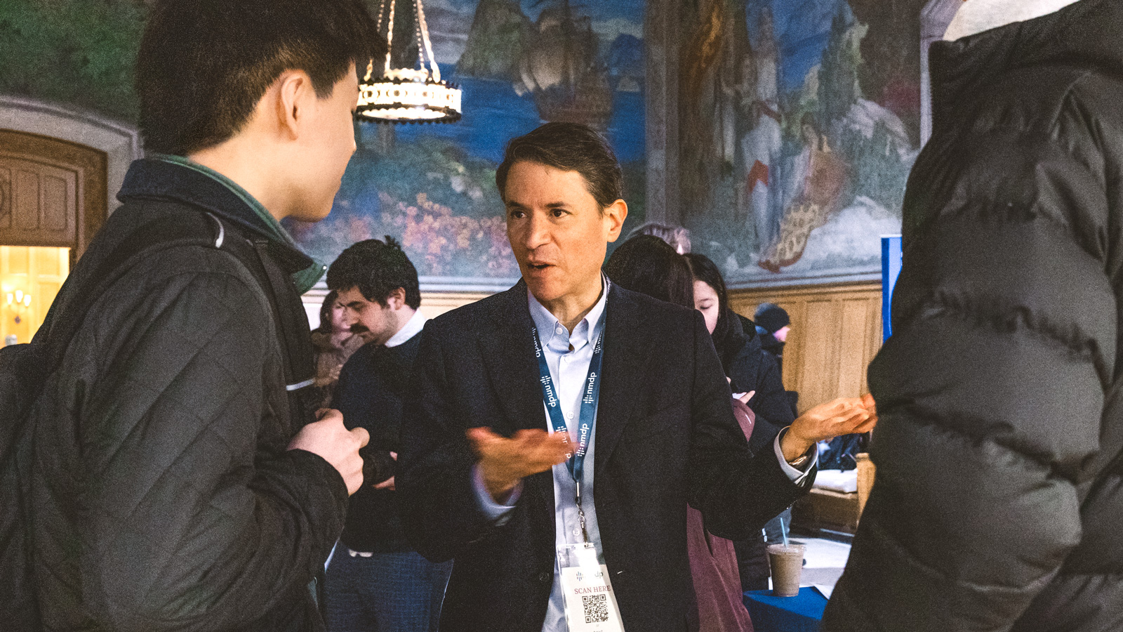 Juan Uribe ’96 chats with students in Willard Straight Hall during the "Big Red, Big Impact" marrow donor drive
