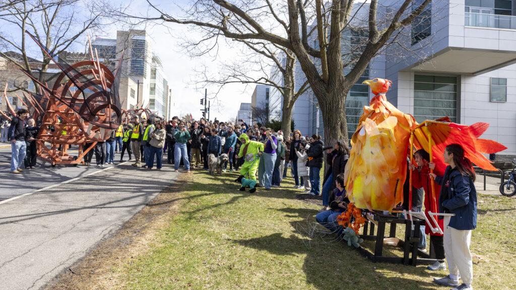 Students with the red, orange, and yellow phoenix next to Duffield Hall watch the parade, and the dragon, approach during Dragon Day 2026