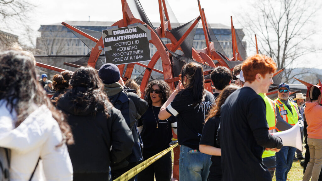 The line for students to take a walkthrough of the dragon on the Arts Quad at Dragon Day 2026