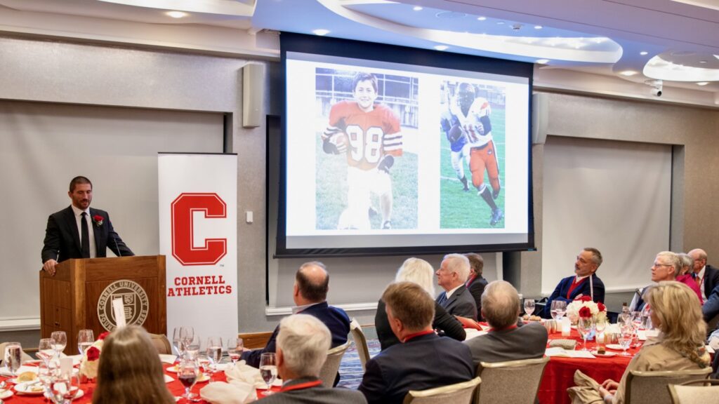 JC Tretter speaks at his induction dinner into the Cornell Athletic Hall of Fame