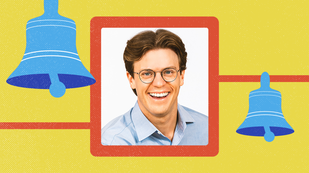 A photo of Adam Wolford in a frame of an image representing bells, on a yellow background