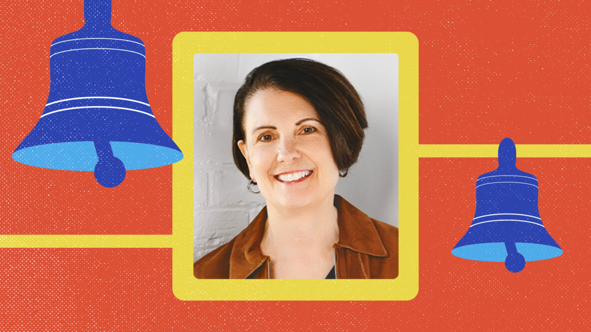 Laura Weiss seen in a frame depicting blue bells on an orange background