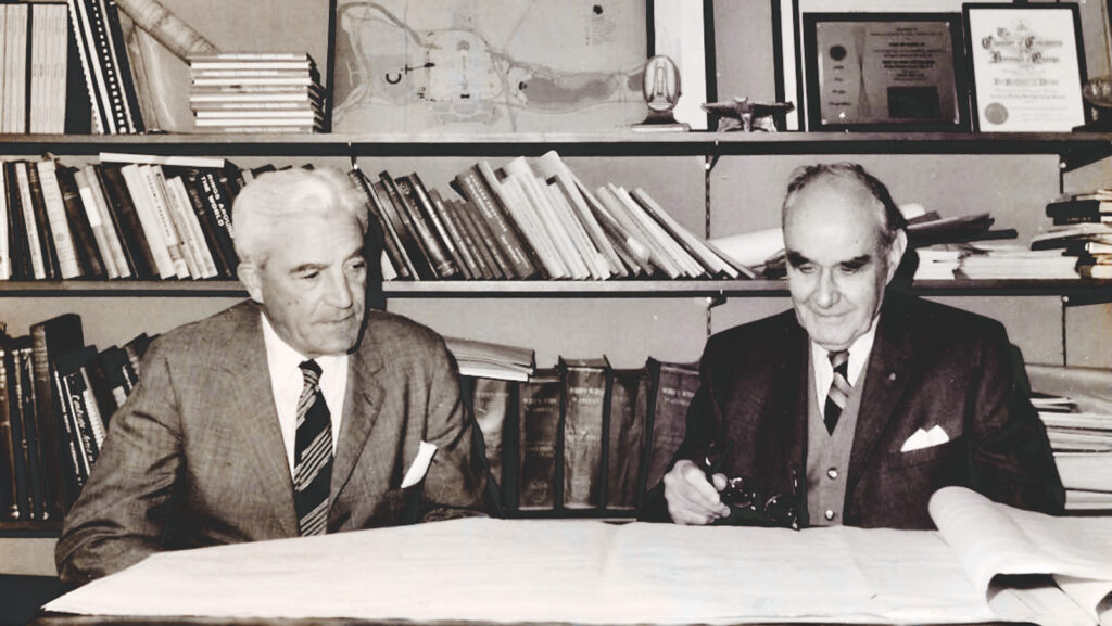 Gilmore Clarke, left, and Michael Rapuano, in the only known photo of the two men together, taken on their last day as partners in 1972; they then sold their practice to their senior associates