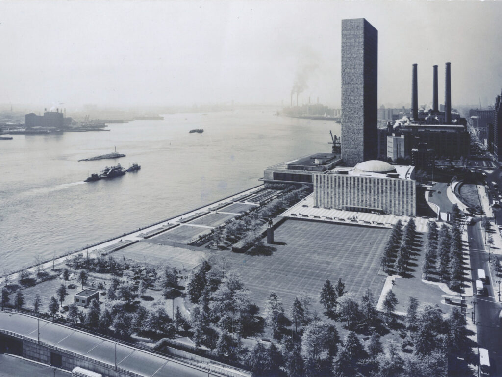 the United Nations headquarters and surrounding area in NYC, designed by Gilmore Clarke and Michael Rapuano