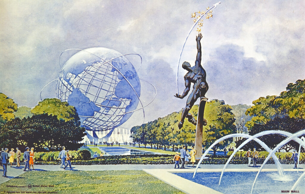 color sketch of the Unisphere and main mall for the 1964 New York World's Fair, designed by Gilmore Clarke and Michael Rapuano