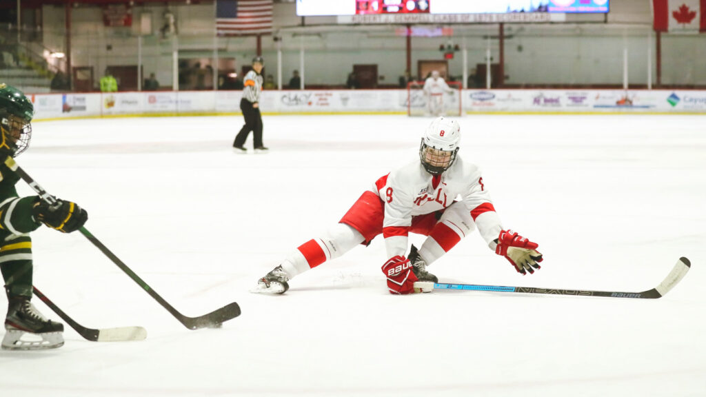 Micah Zandee-Hart playing defense for the Big Red during a game against Clarkson in Lynah Rink.