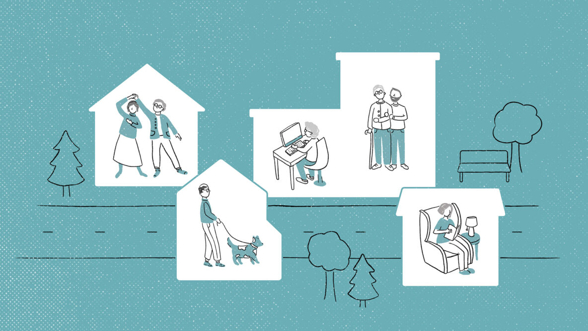 A illustration depicting senior citizens in various forms of housing and activities.