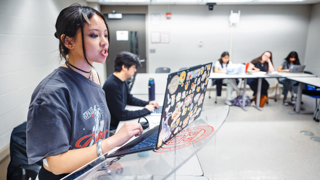 Members of the speech and debate teams practice in Ives Hall in spring 2026