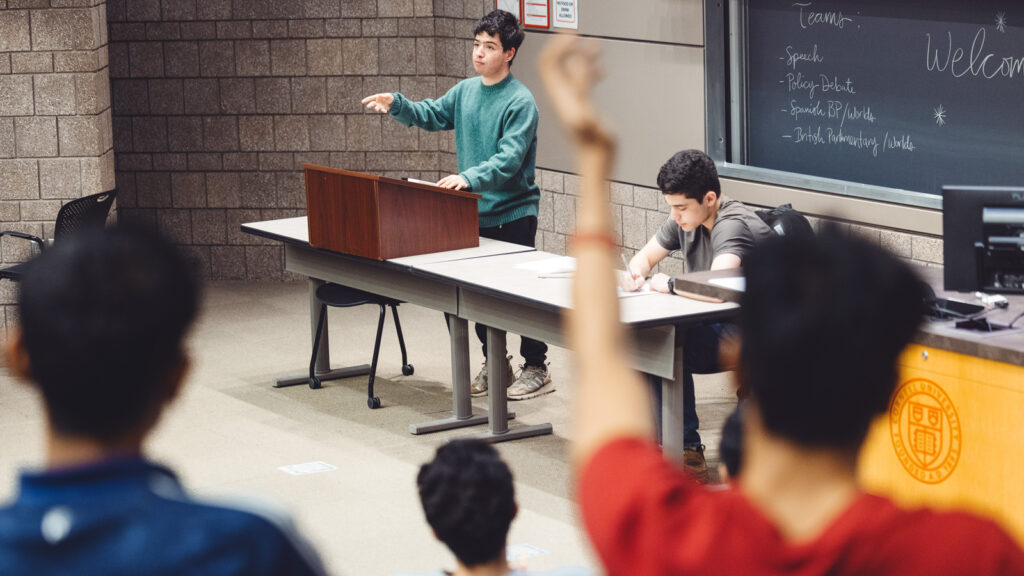 Members of the speech and debate teams practice in Ives Hall in spring 2026