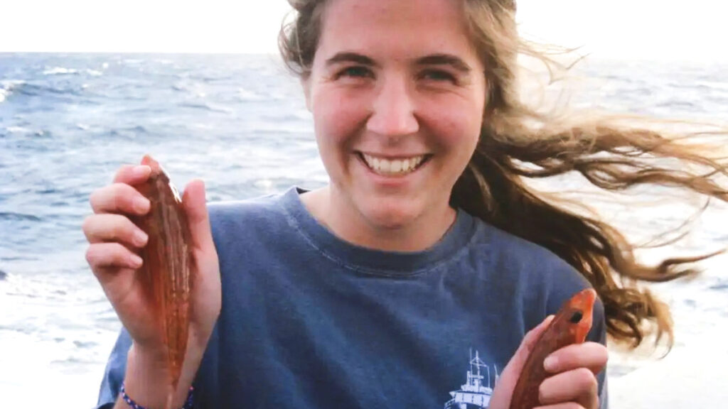 Katherine Bemis holds two Palefin Dragonets (Foetorepus goodenbeani) onboard the NOAA research vessel H.B. Bigelow in 2013