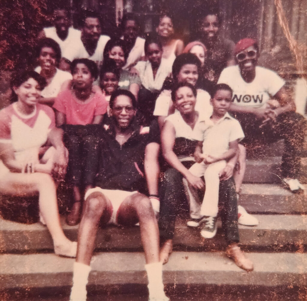 A group of Black alumni on the steps of Risley Hall during CBAA's first Reunion in June 1977