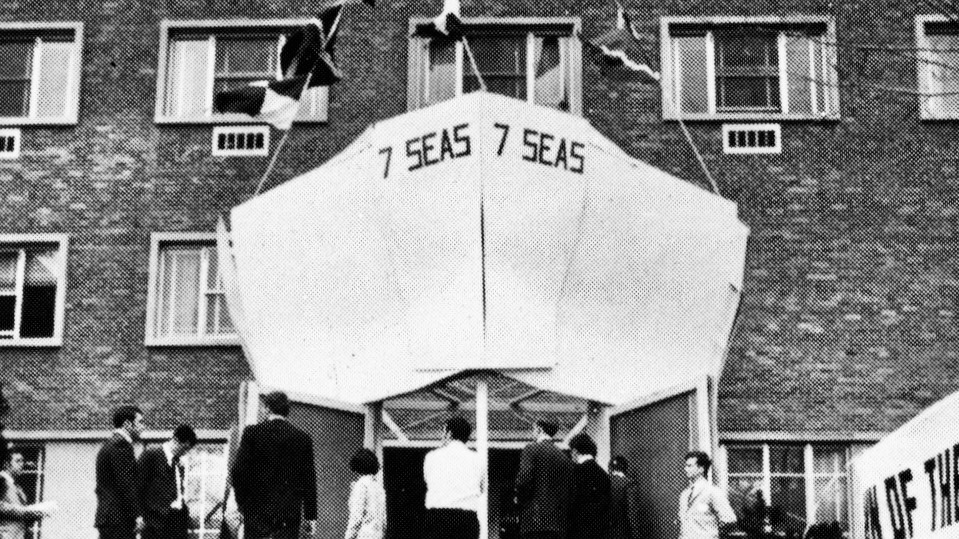 The front of the Statler Inn was transformed into a luxury liner ship's prow, labeled "7 Seas," for the 1969 Hotel Ezra Cornell and its theme of "Inn of the Seven Seas"