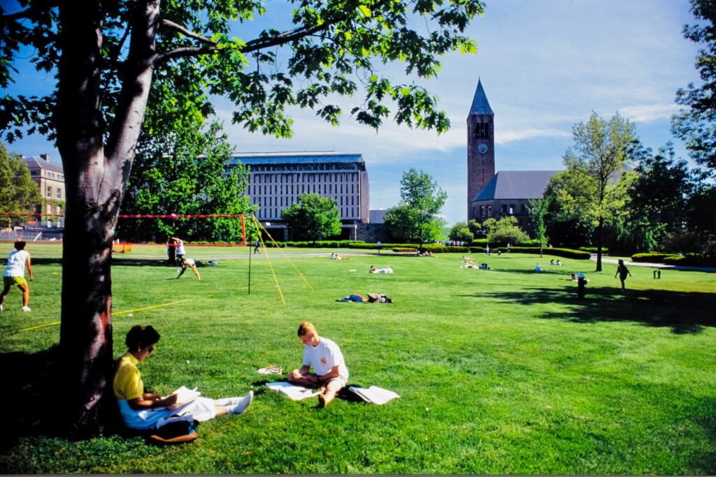 a spring scene on the Arts Quad, including students studying and resting on the grass and playing volleyball, in the spring of 1991