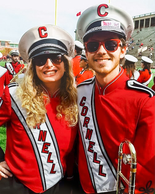 Brendan Duffy ’17 & Hayley Sopko Duffy ’16, BS ’17, in band uniforms in Schoellkopf