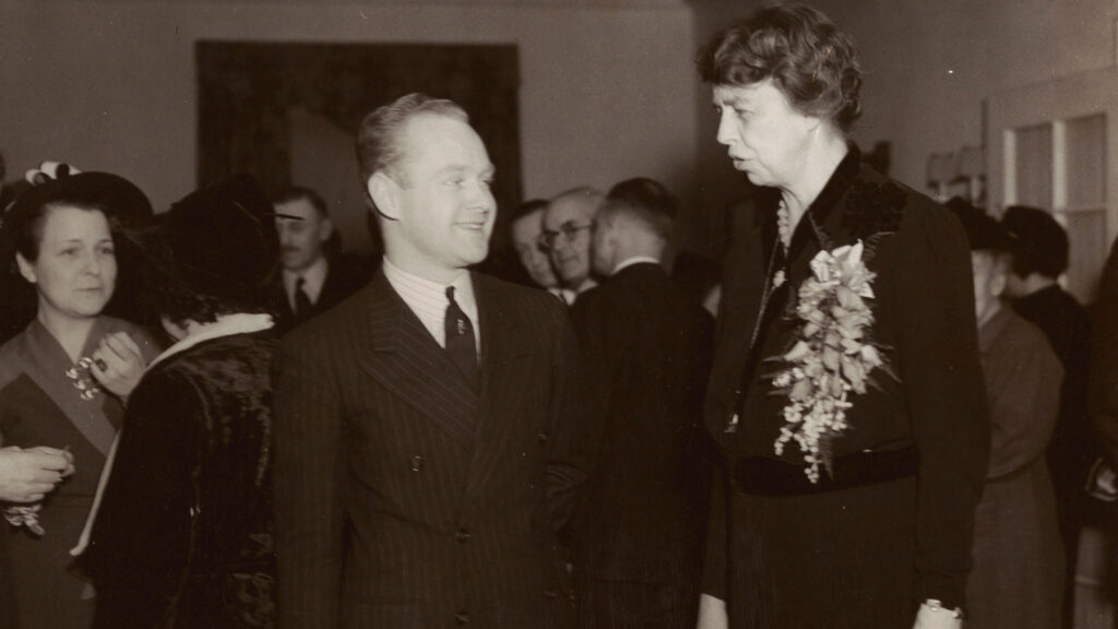 Gert Schmidt ’38 with First Lady Eleanor Roosevelt at Hotel Ezra Cornell in 1938
