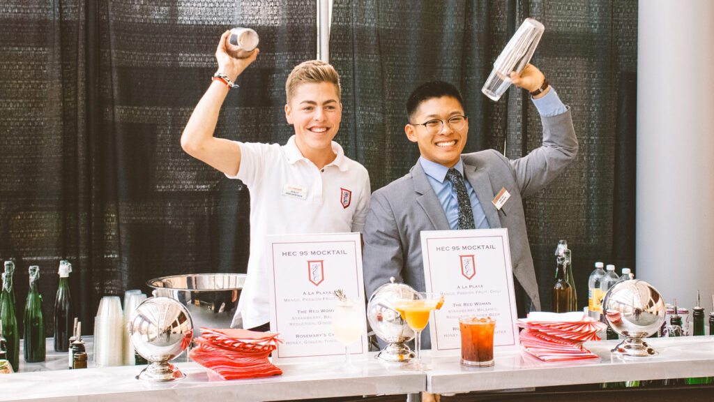 Students shake mocktails at an event preceding Hotel Ezra Cornell in 2020 (the conference was ultimately held virtually due to the COVID-19 pandemic)