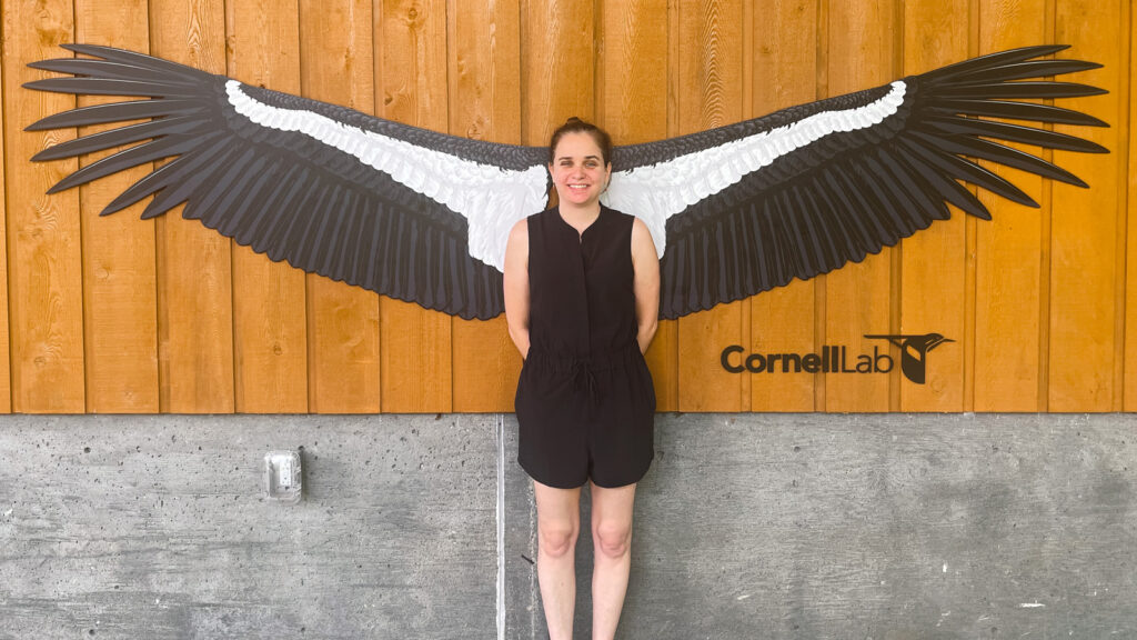 Rachel Krug at the Lab of Ornithonlogy, standing in from of a painting that makes her appear to have black and white wings