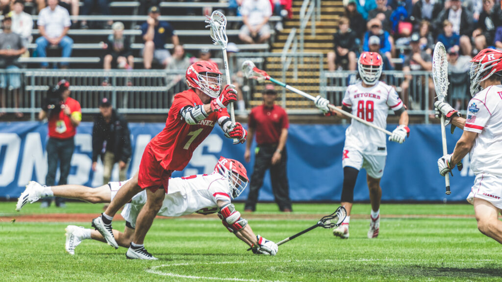 The Cornell Big Red men’s lacrosse team competes against Rutgers on Saturday, May 28, 2022 in East Hartford, CT during the NCAA National Semifinals.