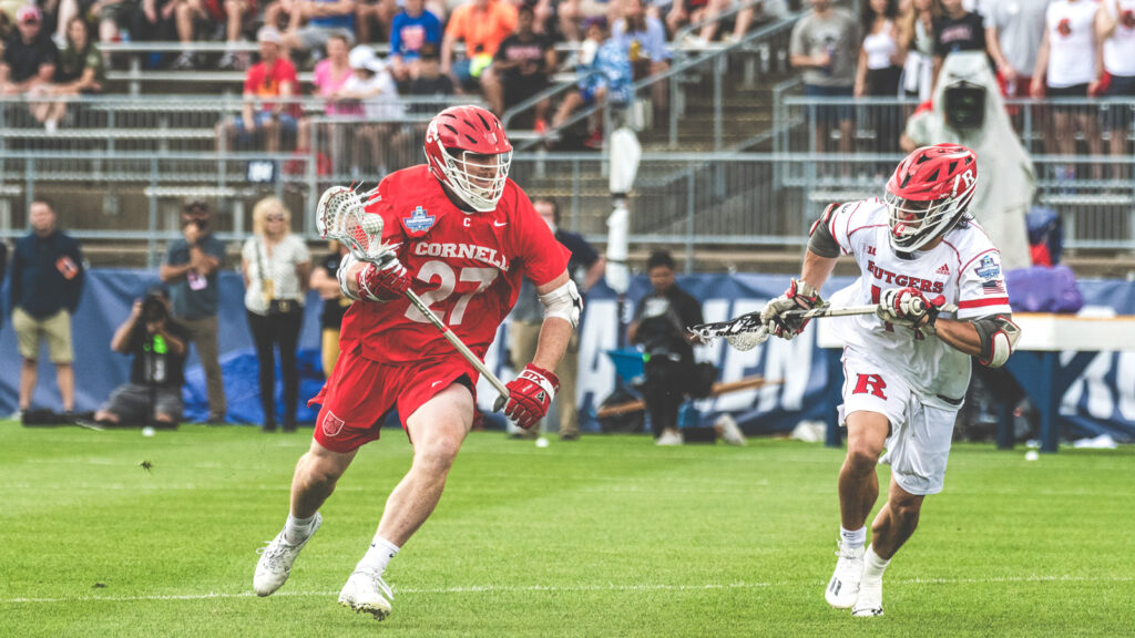 The Cornell Big Red men’s lacrosse team competes against Rutgers on Saturday, May 28, 2022 in East Hartford, CT during the NCAA National Semifinals.