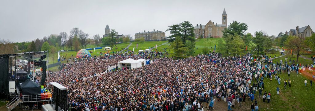 A panoramic image of the crowd on the Slope during Slope Day