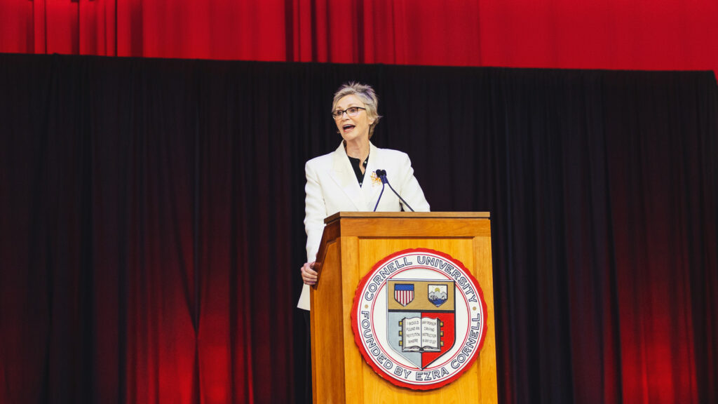 Actress and comedian Jane Lynch gives the 2026 Convocation address in Barton Hall on Thursday, May 21, 2026.