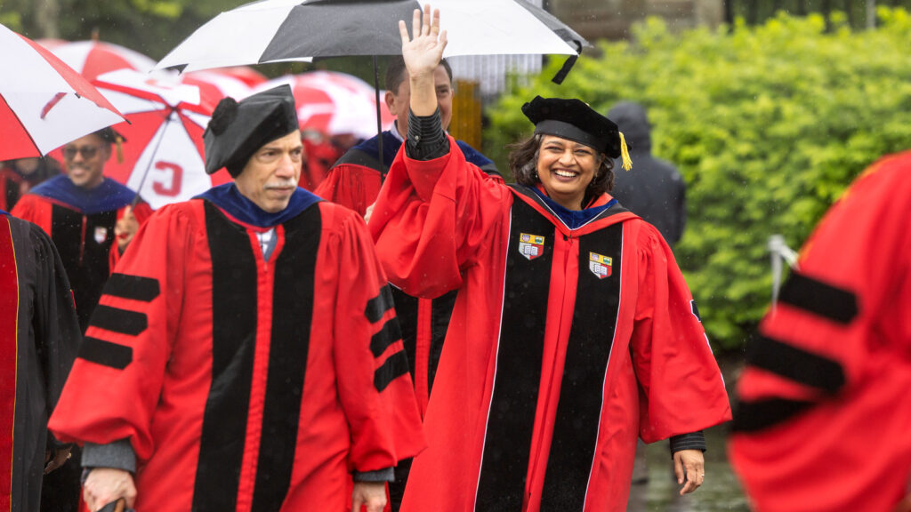 Provost Kavita Bala waves during the academic procession