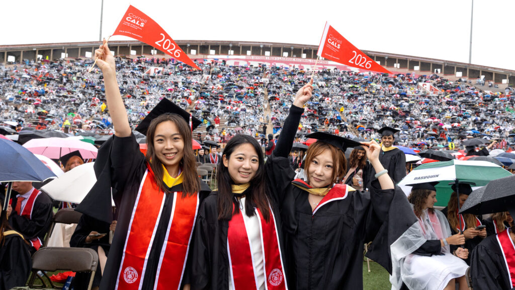 Three female graduates wave pennants on the field