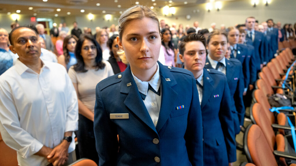 A line of Airforce and Spaceforce officers in the audience in Statler Hall