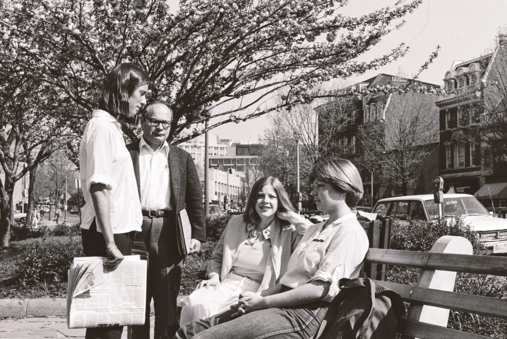 students and a professor in the Cornell in Washington program on a D.C. sidewalk in April 1980