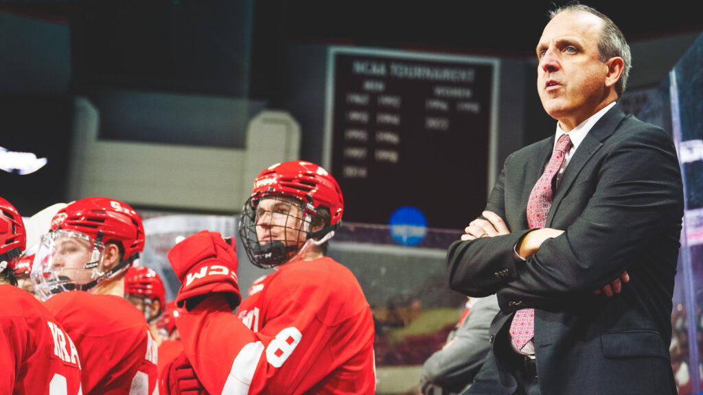 Cornell head coach Casey Jones watches the play during the NCAA hockey game against UMass at the Mullins Center, Saturday, Nov. 1, 2025, in Amherst.