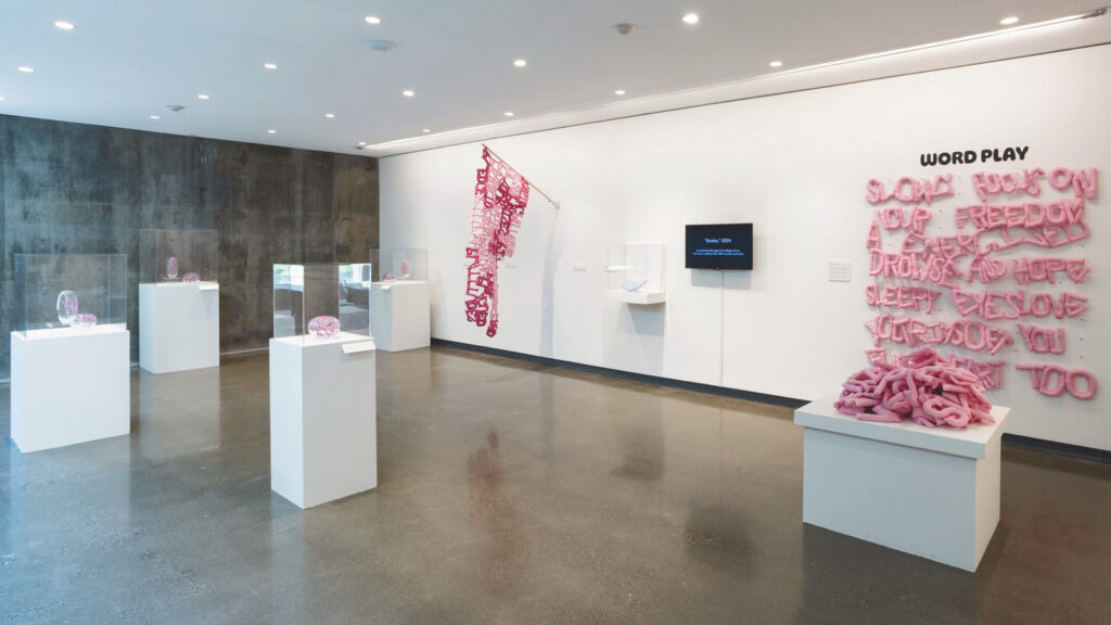 Warfield's art, including a flag and interactive word play piece, on display at the Everson Museum.