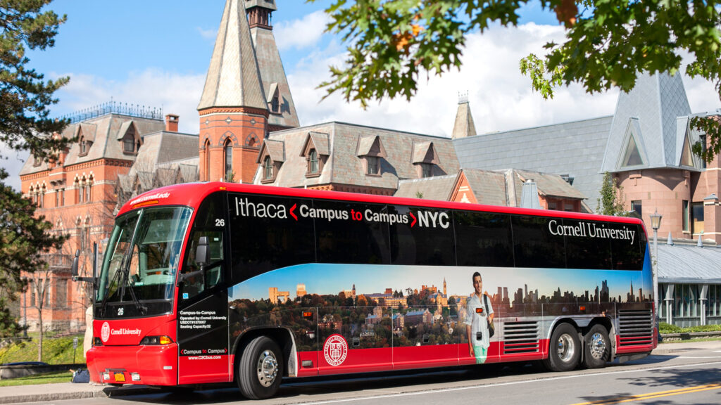 View of a Campus-to-Campus Bus in 2013 at the Sage Hall stop on the Ithaca campus