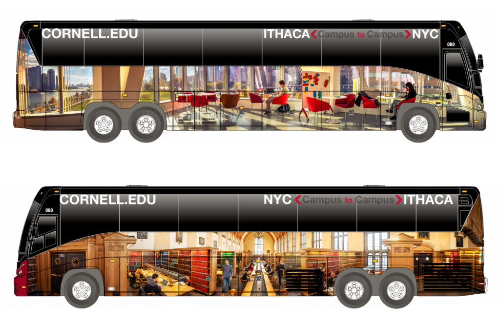 a Campus-to-Campus bus wrap design showing an interior study area view from the Cornell Tech campus and its window views on one side and an interior view of the Ithaca campus's Law Library on the other