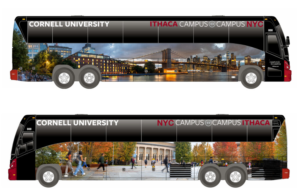 a Campus-to-Campus bus wrap design showing a Brooklyn Bridge and NYC skyline view on one side and a Bailey Hall and plaza view on the other