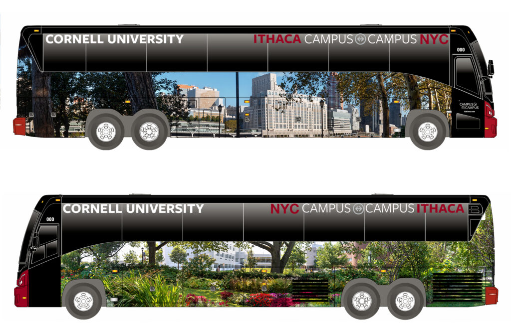 a Campus-to-Campus bus wrap design showing the Weill Cornell Medicine campus on one side and a Minns Garden and Weill Hall view from Ithaca on the other