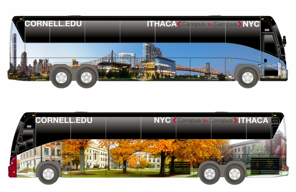 a Campus-to-Campus bus wrap design showing a view of the Cornell Tech campus at dusk on one side and a view of the Ag Quad on the other