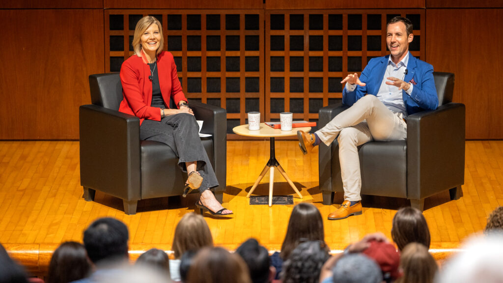 NBC News anchor and correspondent Kate Snow ’91, left, chats with CALS Dean Ben Houlton during the Liberty Hyde Bailey Lecture in Call Auditorium during Reunion 2026