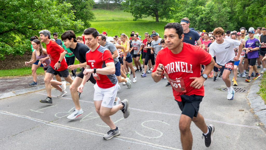 Alumni take off running from the starting line at the 5K Fun Run at Newman Arboretum during Reunion 2026