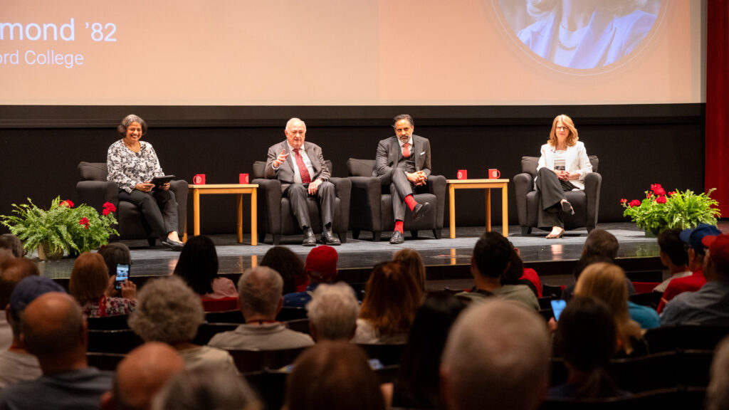 Provost Kavita Bala, left, and three alumni who are also leaders of institutions of higher education chat in Bailey Hall as part of the Olin Lecture during Reunion 2026
