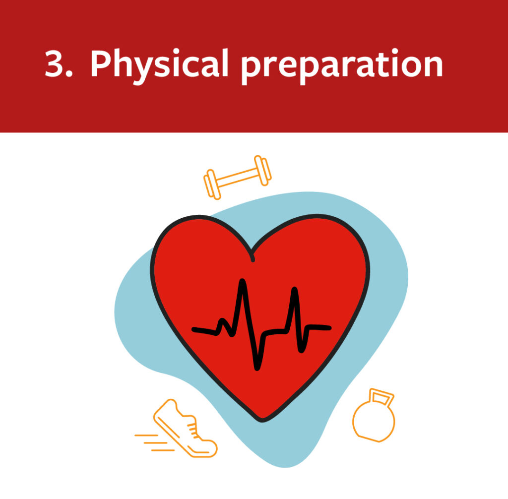 An illustration of a heart with EKG marks, surrounded by a hand weight, a sneaker, and a kettle bell