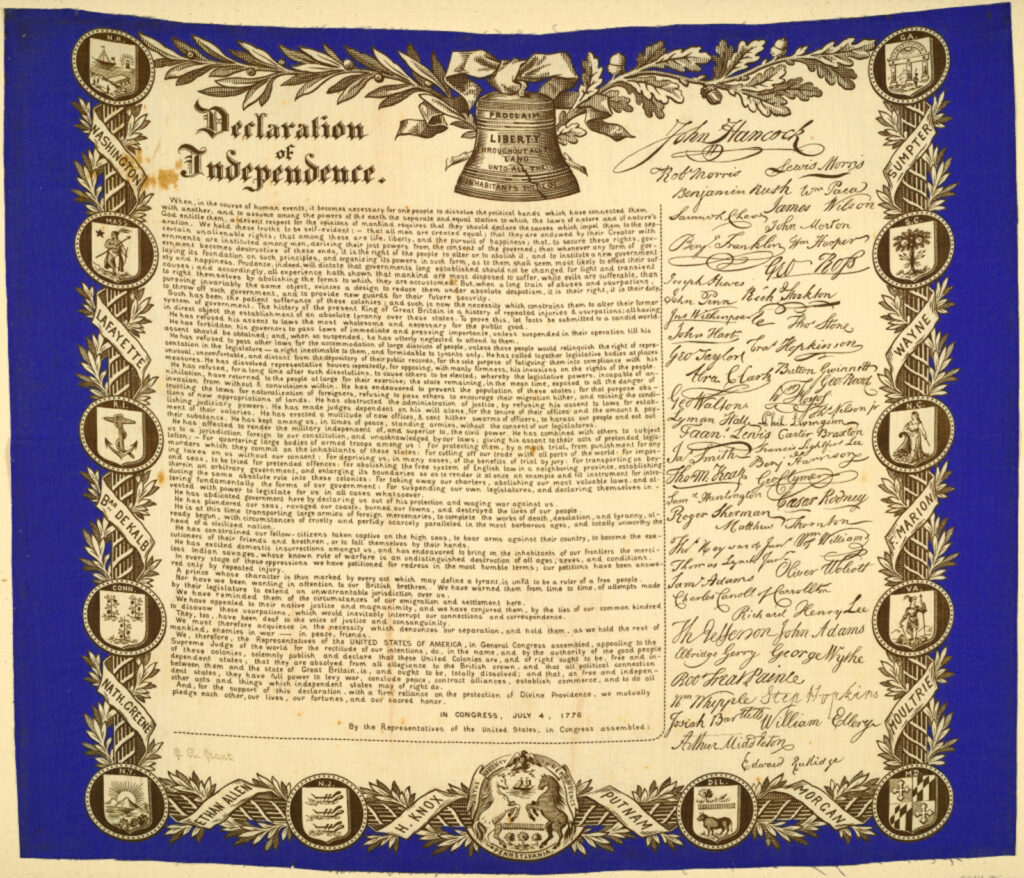 a towel printed with the full text of the Declaration of Independence, signatures of the signers, coats of arms of the original 13 states, and a decorative border, created for the occasion of the Declaration's centennial, 1876