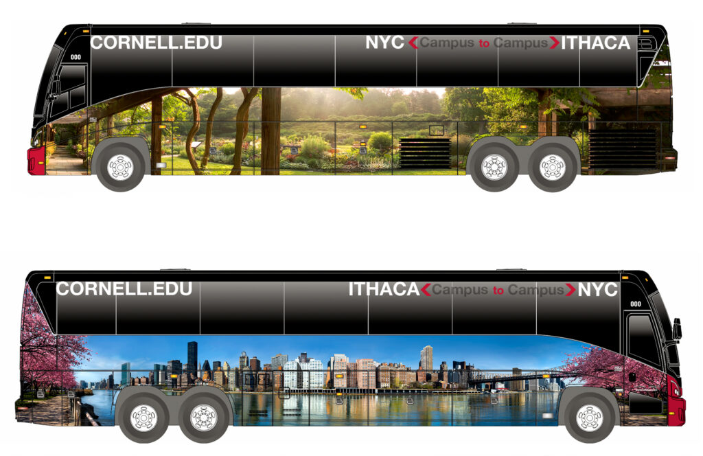 a Campus-to-Campus bus wrap design showing the Cornell Botanic Gardens on one side and a Manhattan skyline and river view on the other