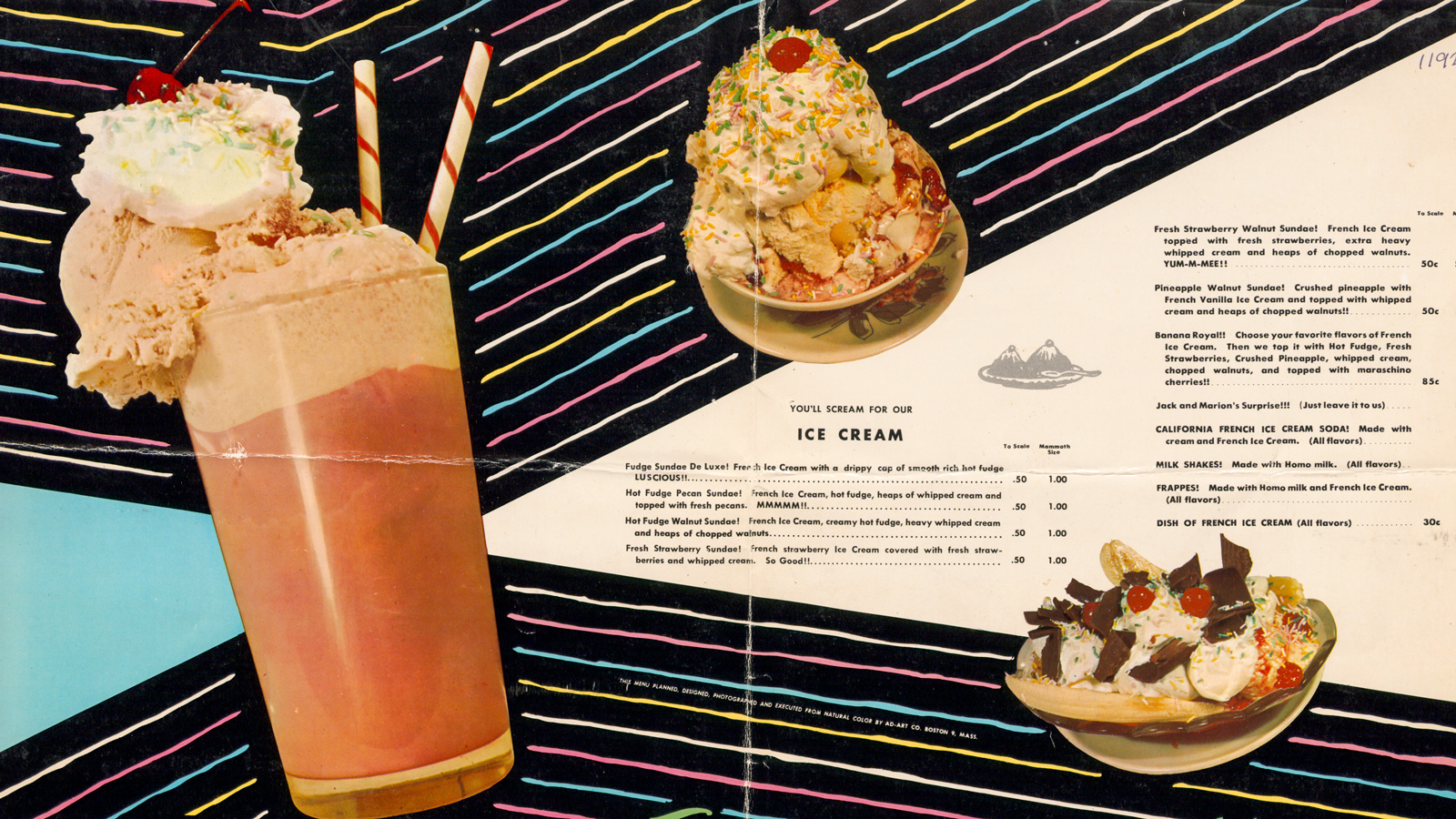 A diner menu with a spread listing ice cream treats