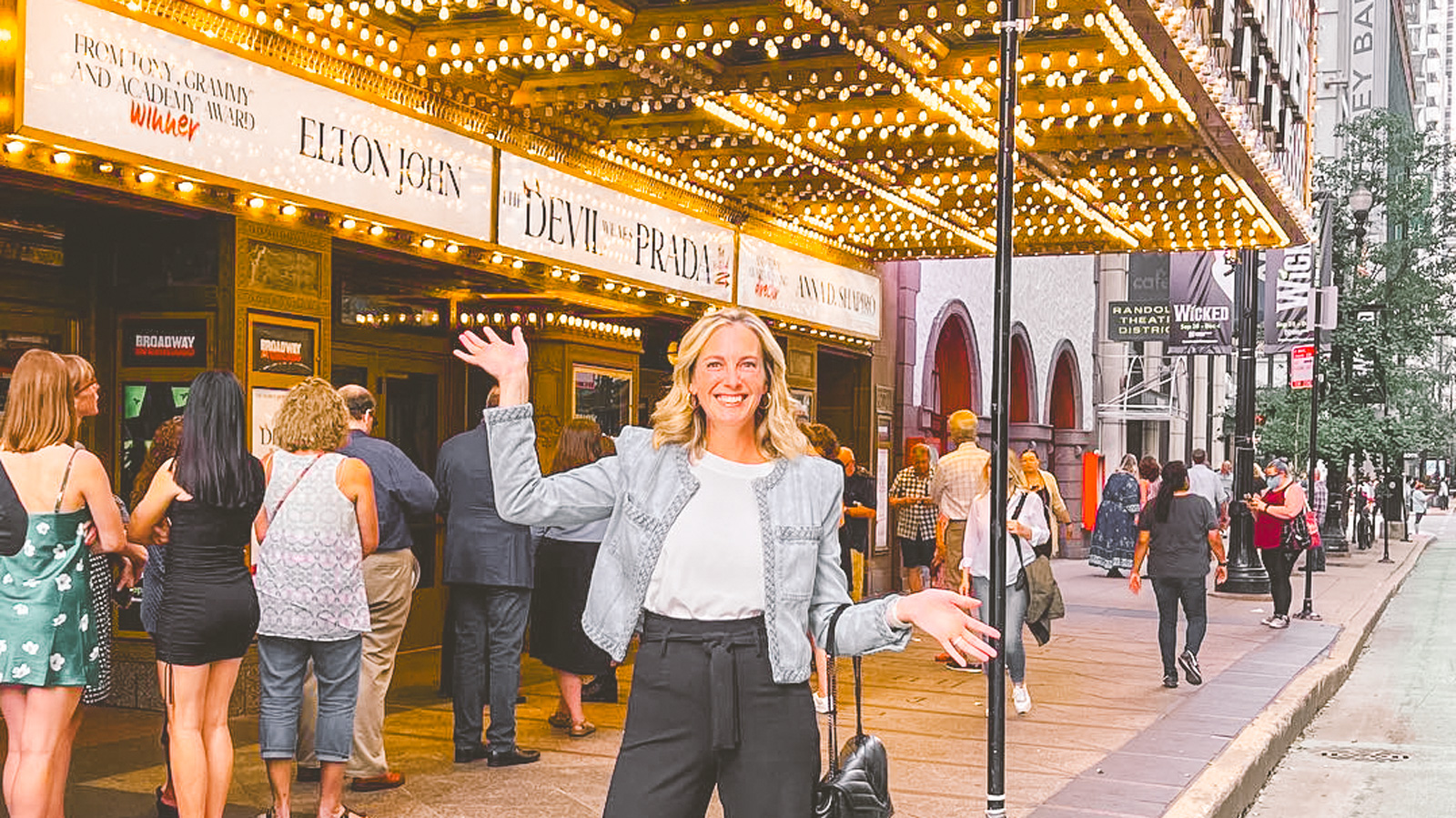 Lauren Weisberger outside the Chicago theater showing "The Devil Wears Prada" musical