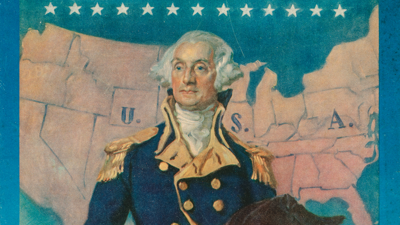 detail of a cover of the sheet music to "Father of the Land We Love" by George M. Cohan, depicting George Washington in front of a map of the United States, circa 1931