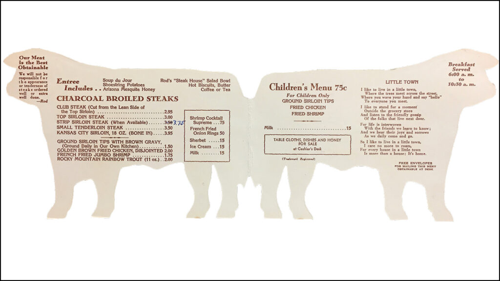 A steakhouse menu shaped like a steer.