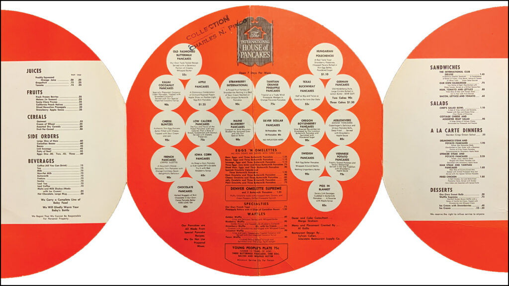 A vintage IHOP menu in orange and white circle shapes