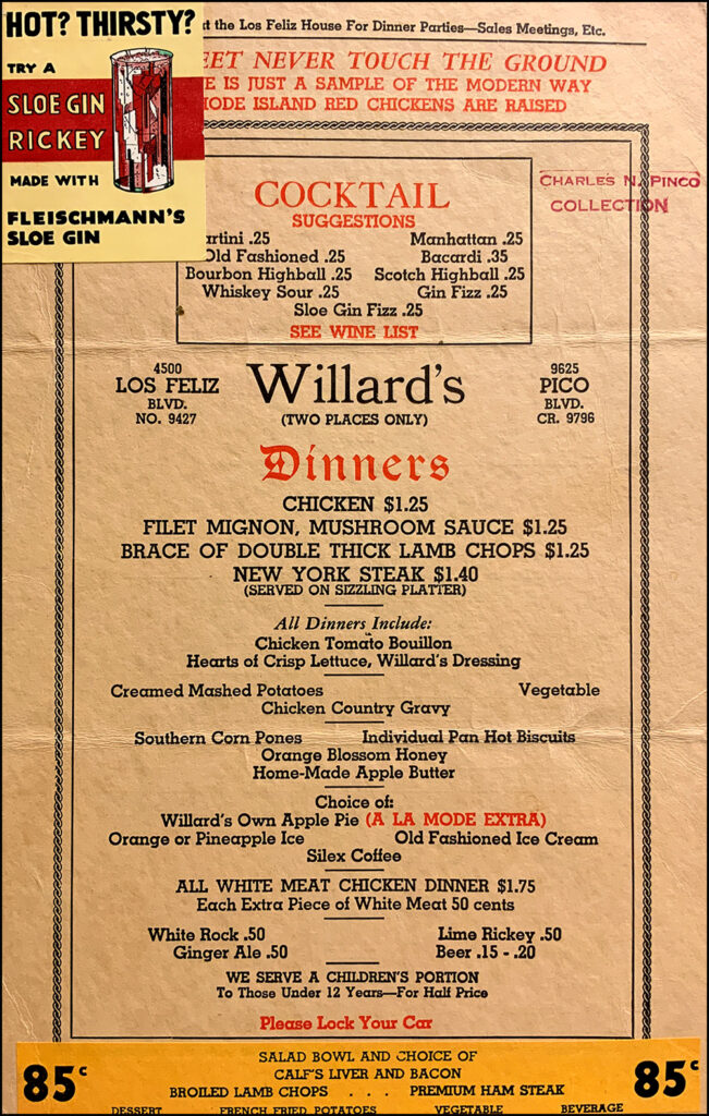 The menu from Willards has dinner and cocktails