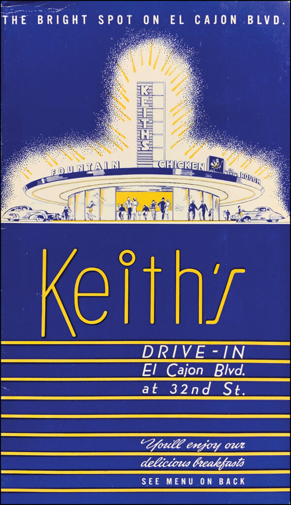 The menu from Keith's depicts a drive-in restaurant from midcentury