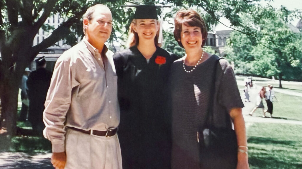 Lauren Weisberger ’99 with her parents at Cornell graduation